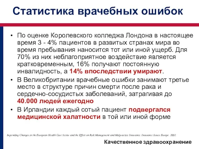 Статистика врачебных ошибок По оценке Королевского колледжа Лондона в настоящее время