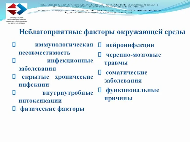 Неблагоприятные факторы окружающей среды иммунологическая несовместимость инфекционные заболевания скрытые хронические инфекции