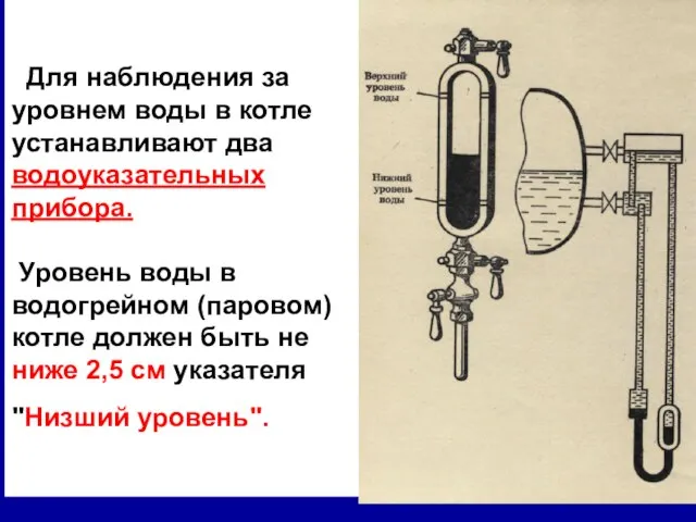 Для наблюдения за уровнем воды в котле устанавливают два водоуказательных прибора.