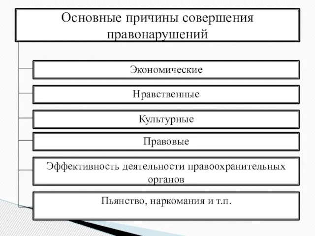 Экономические Основные причины совершения правонарушений Нравственные Культурные Правовые Эффективность деятельности правоохранительных органов Пьянство, наркомания и т.п.