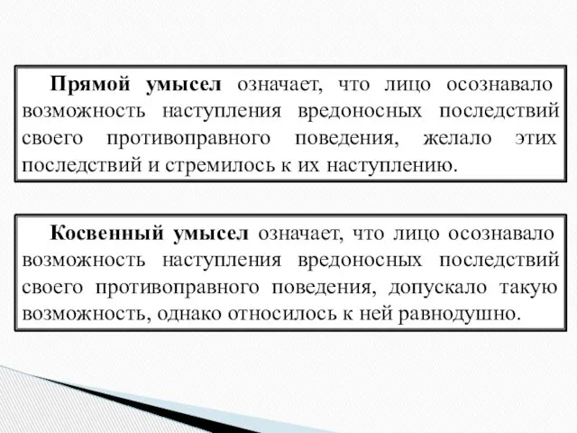 Прямой умысел означает, что лицо осознавало возможность наступления вредоносных последствий своего