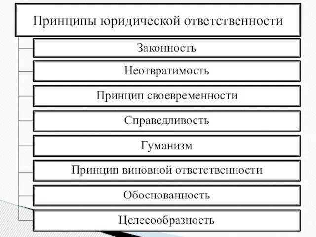 Законность Принципы юридической ответственности Неотвратимость Принцип своевременности Справедливость Гуманизм Принцип виновной ответственности Обоснованность Целесообразность