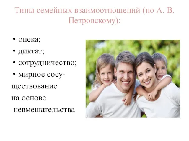 Типы семейных взаимоотношений (по А. В. Петровскому): опека; диктат; сотрудничество; мирное сосу- ществование на основе невмешательства