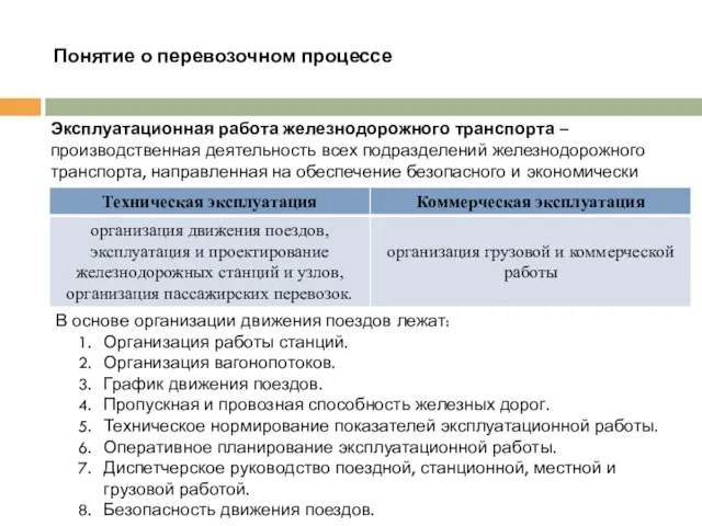 Понятие о перевозочном процессе Эксплуатационная работа железнодорожного транспорта – производственная деятельность