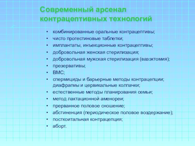 Современный арсенал контрацептивных технологий комбинированные оральные контрацептивы; чисто прогестиновые таблетки; имплантаты,