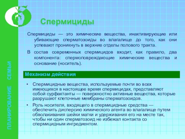 Спермициды Спермициды — это химические вещества, инактивирующие или убивающие сперматозоиды во