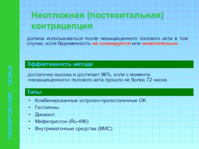 ПЛАНИРОВАНИЕ СЕМЬИ Эффективность метода достаточно высока и достигает 96%, если с