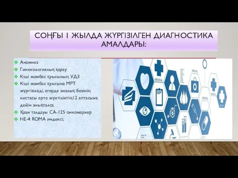 СОҢҒЫ 1 ЖЫЛДА ЖҮРГІЗІЛГЕН ДИАГНОСТИКА АМАЛДАРЫ: Анамнез Гинекологиялық қарау Кіші жамбас