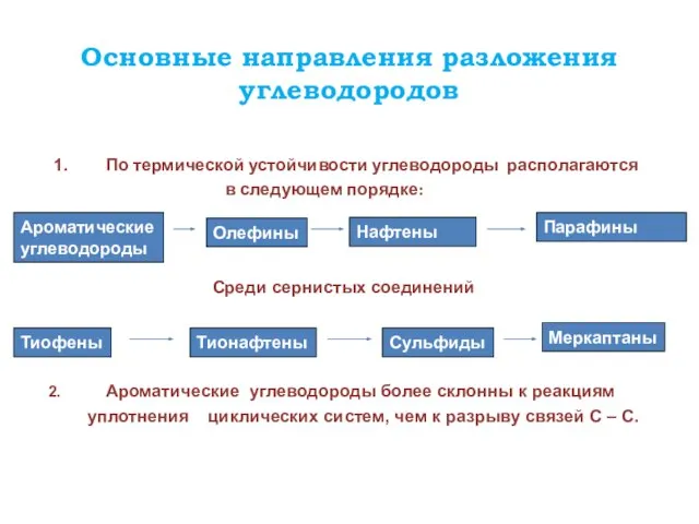 Основные направления разложения углеводородов По термической устойчивости углеводороды располагаются в следующем