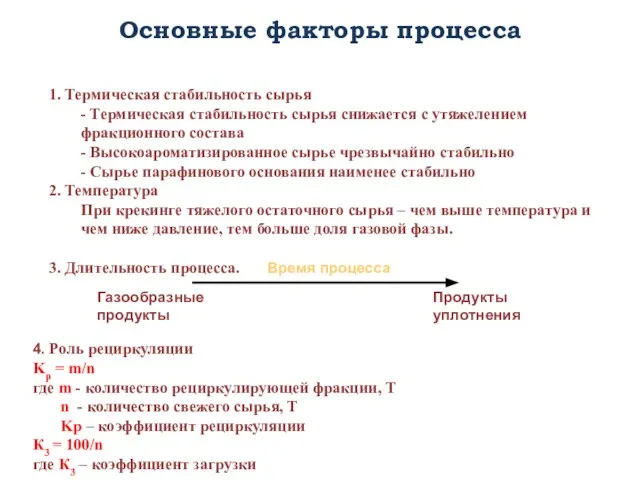 Газообразные продукты Продукты уплотнения Основные факторы процесса 4. Роль рециркуляции Kp