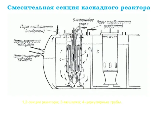 Смесительная секция каскадного реактора 1,2-секции реактора; 3-мешалка; 4-циркулярные трубы.