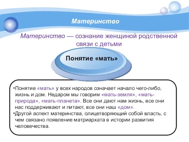 Материнство Понятие «мать» у всех народов означает начало чего-либо, жизнь и