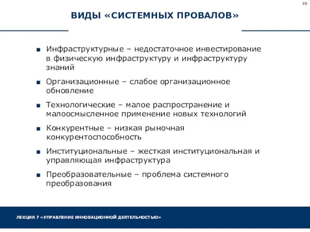 ВИДЫ «СИСТЕМНЫХ ПРОВАЛОВ» Инфраструктурные – недостаточное инвестирование в физическую инфраструктуру и