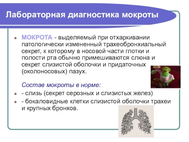 Лабораторная диагностика мокроты МОКРОТА - выделяемый при отхаркивании патологически измененный трахеобронхиальный