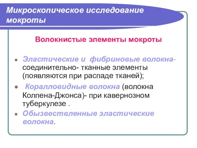 Микроскопическое исследование мокроты Волокнистые элементы мокроты Эластические и фибриновые волокна- соединительно-