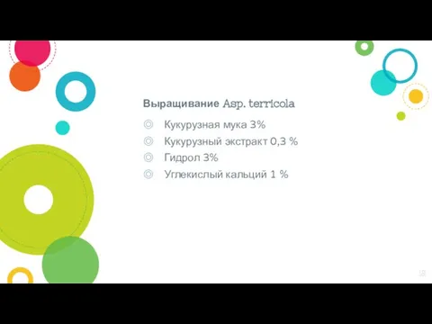 Выращивание Asp. terricola Кукурузная мука 3% Кукурузный экстракт 0,3 % Гидрол 3% Углекислый кальций 1 %