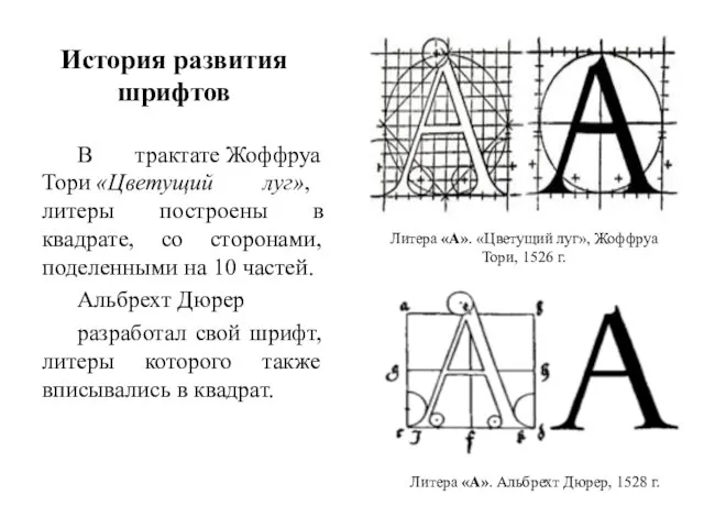 История развития шрифтов В трактате Жоффруа Тори «Цветущий луг», литеры построены