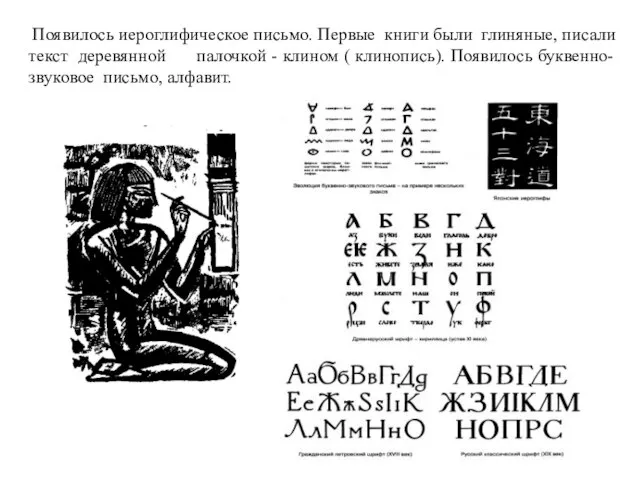 Появилось иероглифическое письмо. Первые книги были глиняные, писали текст деревянной палочкой