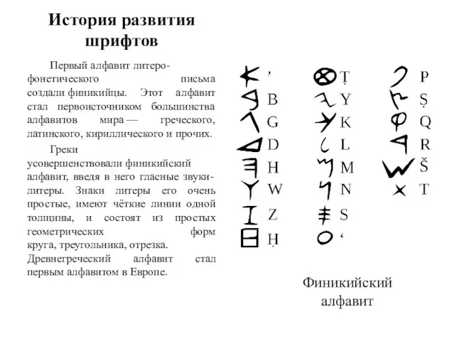 История развития шрифтов Первый алфавит литеро-фонетического письма создали финикийцы. Этот алфавит