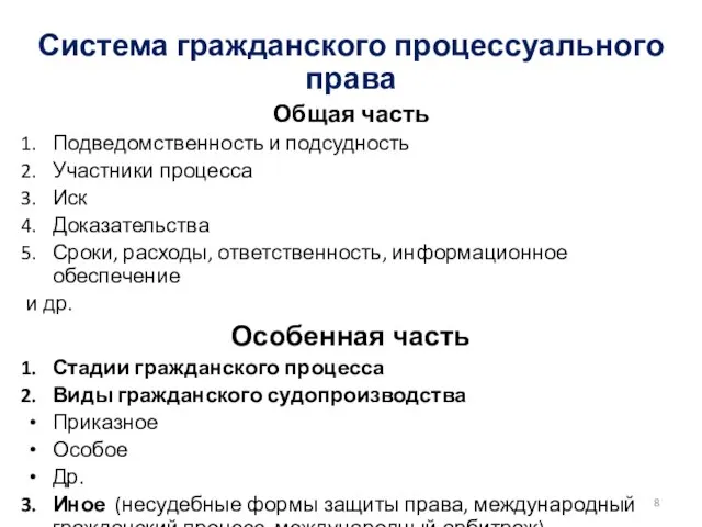 Система гражданского процессуального права Общая часть Подведомственность и подсудность Участники процесса