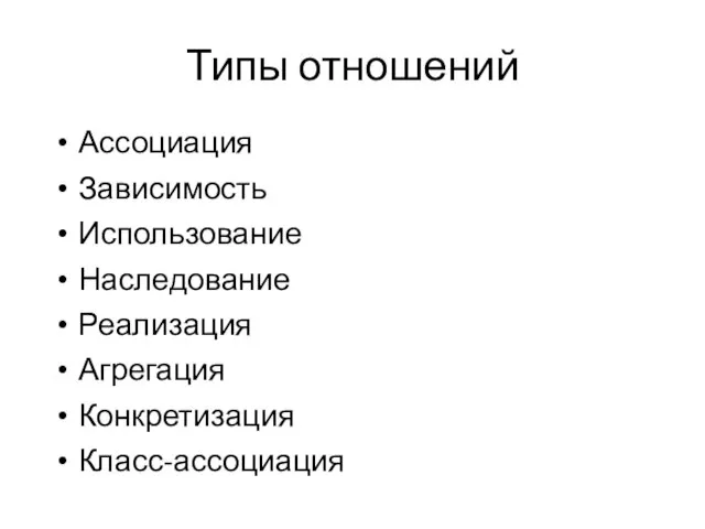 Типы отношений Ассоциация Зависимость Использование Наследование Реализация Агрегация Конкретизация Класс-ассоциация