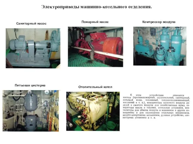 Электроприводы машинно-котельного отделения. Санитарный насос Пожарный насос Компрессор воздуха Питьевая цистерна Отопительный котел
