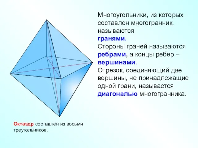 Многоугольники, из которых составлен многогранник, называются гранями. Стороны граней называются ребрами,