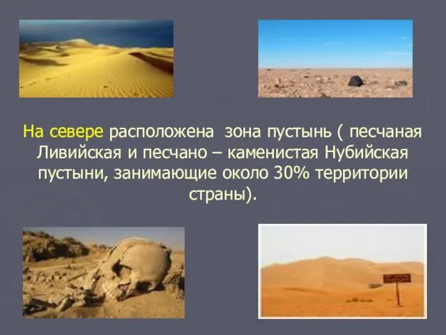 На севере расположена зона пустынь ( песчаная Ливийская и песчано –
