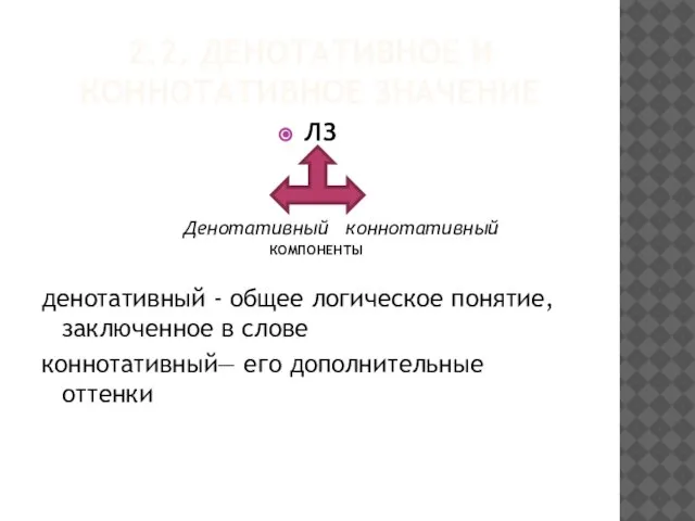 2.2. ДЕНОТАТИВНОЕ И КОННОТАТИВНОЕ ЗНАЧЕНИЕ ЛЗ Денотативный коннотативный КОМПОНЕНТЫ денотативный -