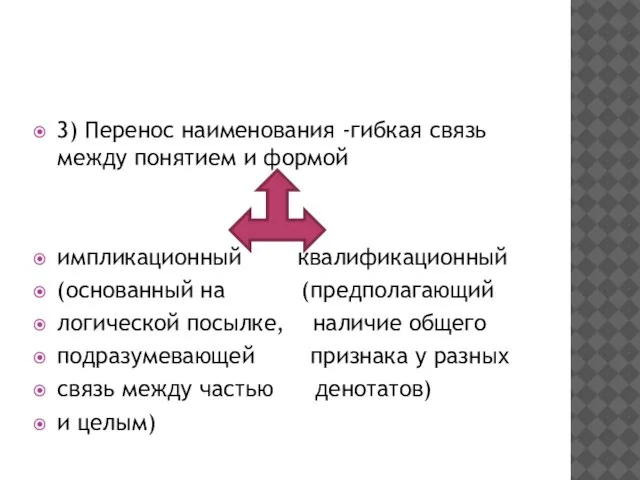 3) Перенос наименования -гибкая связь между понятием и формой импликационный квалификационный