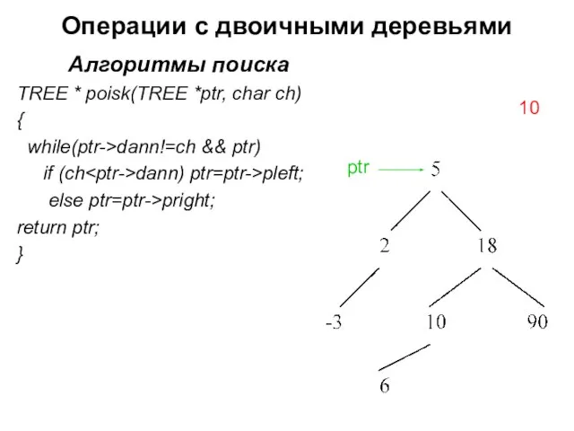 Операции с двоичными деревьями Алгоритмы поиска TREE * poisk(TREE *ptr, char