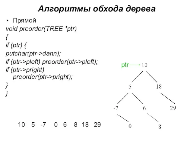 Алгоритмы обхода дерева Прямой void preorder(TREE *ptr) { if (ptr) {