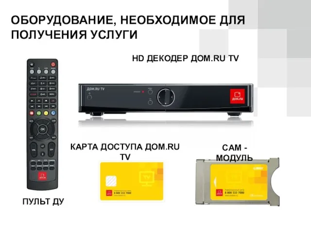 ОБОРУДОВАНИЕ, НЕОБХОДИМОЕ ДЛЯ ПОЛУЧЕНИЯ УСЛУГИ HD ДЕКОДЕР ДОМ.RU TV КАРТА ДОСТУПА