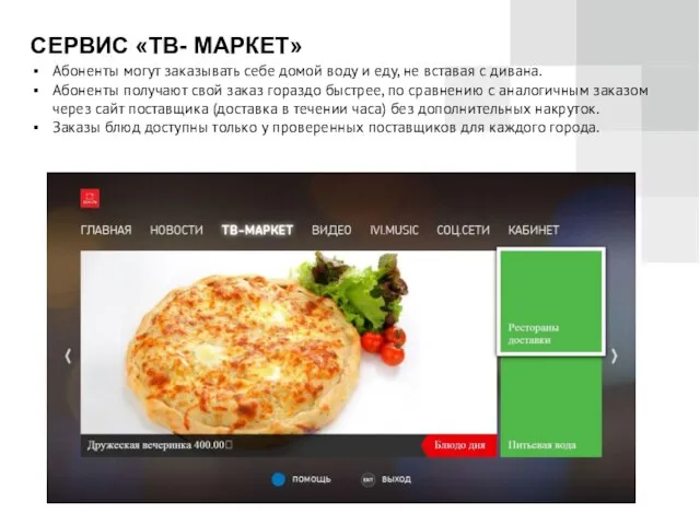 СЕРВИС «ТВ- МАРКЕТ» Абоненты могут заказывать себе домой воду и еду,