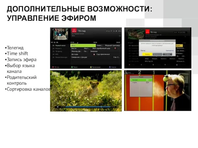 Телегид Time shift Запись эфира Выбор языка канала Родительский контроль Сортировка каналов ДОПОЛНИТЕЛЬНЫЕ ВОЗМОЖНОСТИ: УПРАВЛЕНИЕ ЭФИРОМ