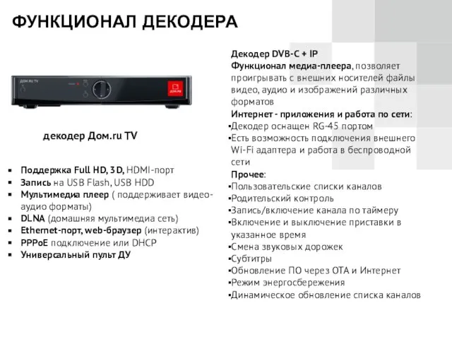 ФУНКЦИОНАЛ ДЕКОДЕРА Поддержка Full HD, 3D, HDMI-порт Запись на USB Flash,