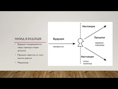 НАЗАД В БУДУЩЕЕ Будущее подкрадывается сзади, приходя «через затылок» Прошлое известно, от него многое зависит Мадагаскар