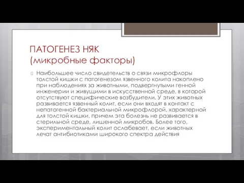 ПАТОГЕНЕЗ НЯК (микробные факторы) Наибольшее число свидетельств о связи микрофлоры толстой