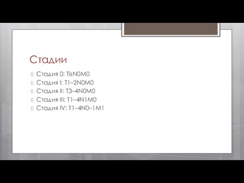 Стадии Стадия 0: TisN0M0 Стадия I: T1–2N0M0 Стадия II: T3–4N0M0 Стадия III: T1–4N1M0 Стадия IV: T1–4N0–1M1