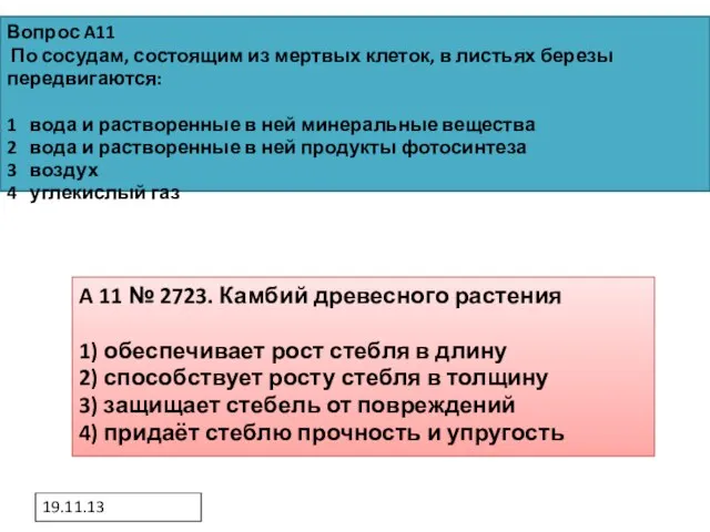 19.11.13 Вопрос A11 По сосудам, состоящим из мертвых клеток, в листьях