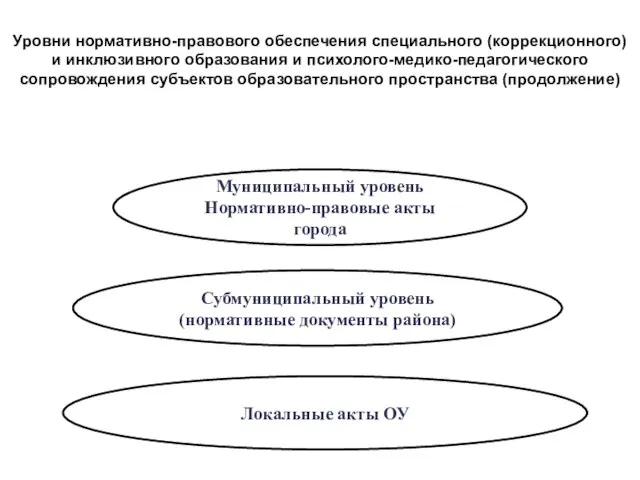 Муниципальный уровень Нормативно-правовые акты города Субмуниципальный уровень (нормативные документы района) Локальные