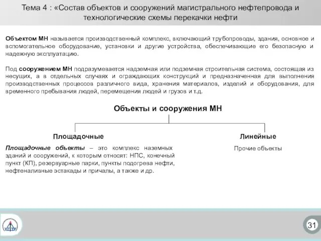 31 Тема 4 : «Состав объектов и сооружений магистрального нефтепровода и