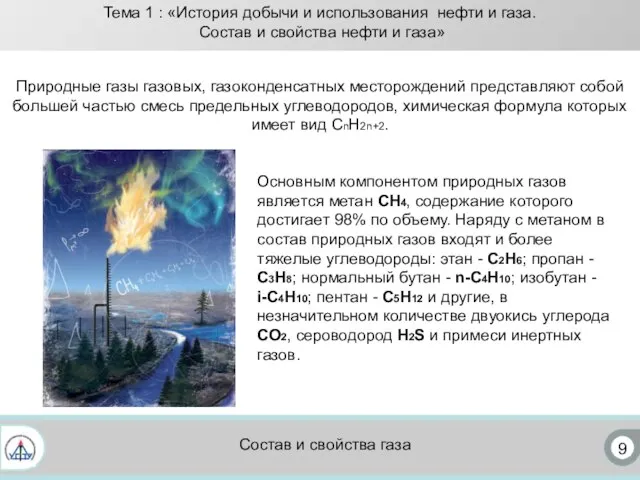 9 Состав и свойства газа Природные газы газовых, газоконденсатных месторождений представляют