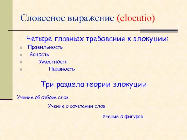 Словесное выражение (elocutio) Четыре главных требования к элокуции: Правильность Ясность Уместность