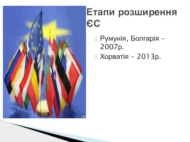 Румунія, Болгарія – 2007р. Хорватія – 2013р. Етапи розширення ЄС