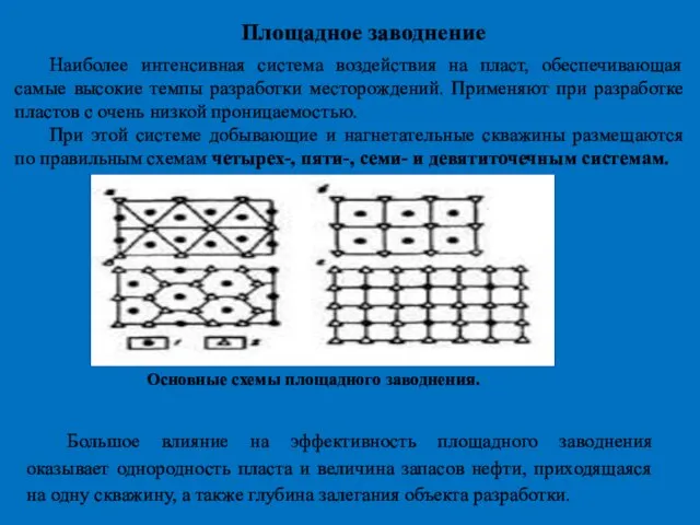 Площадное заводнение Наиболее интенсивная система воздействия на пласт, обеспечивающая самые высокие