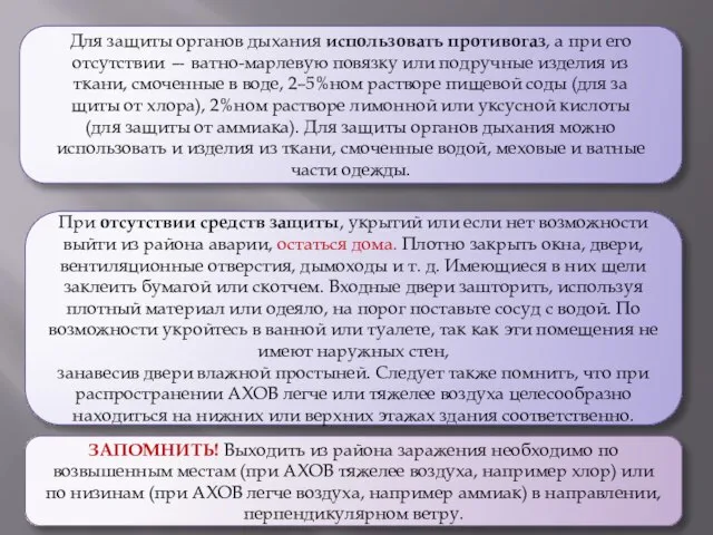 Для защиты органов дыхания использовать противогаз, а при его отсутствии —