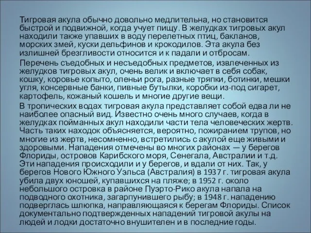 Тигровая акула обычно довольно медлительна, но становится быстрой и подвижной, когда