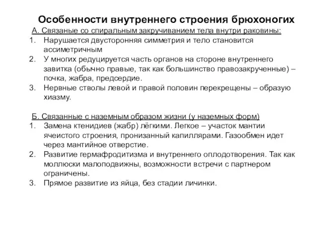 Особенности внутреннего строения брюхоногих А. Связаные со спиральным закручиванием тела внутри