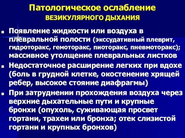 Появление жидкости или воздуха в плевральной полости (экссудативный плеврит, гидроторакс, гемоторакс,